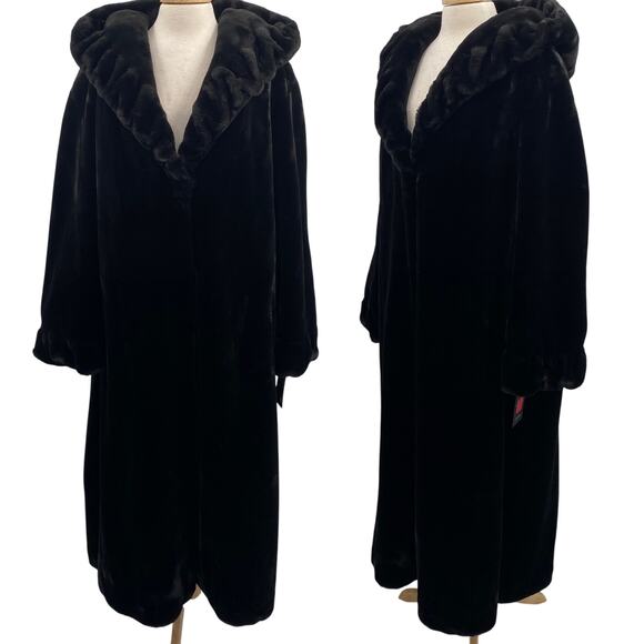 Vintage Jackets & Blazers - Vintage Y2k Gallery Faux Fur Coat Hooded Hook Front Pockets Black Plus Womens 3X